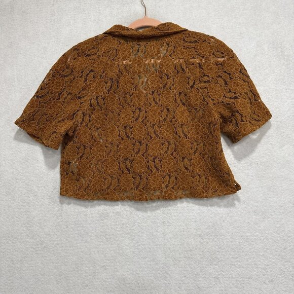 Urban Outfitters Shirt Womens Medium Brown Lace Cropped Button Short Sleeve - Picture 9 of 10